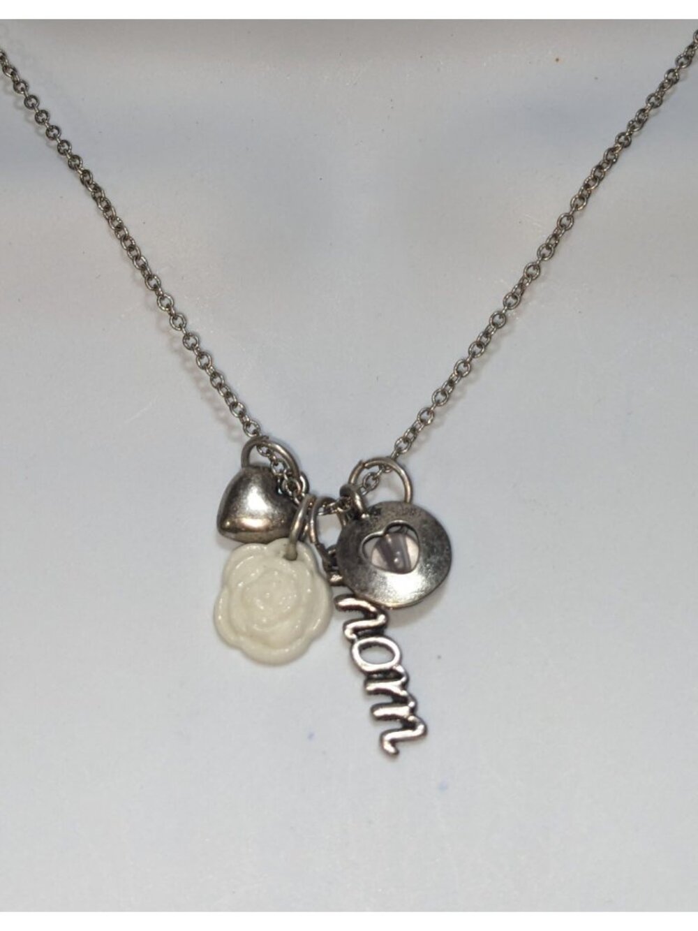 Mom Charm Necklace Silver Rose Heart Pendant Layered Family Gift Jewelry